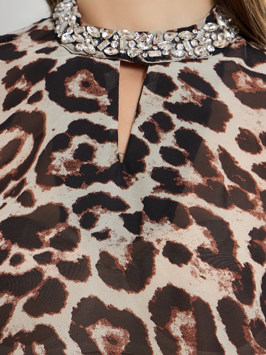 Women Brown Leopard Print Long Sleeve Blouse