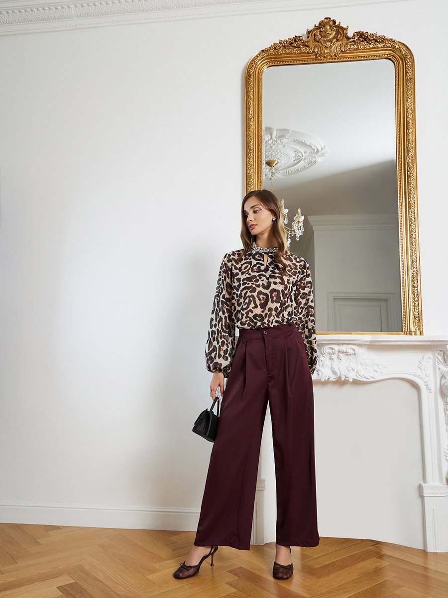 Women Brown Leopard Print Long Sleeve Blouse