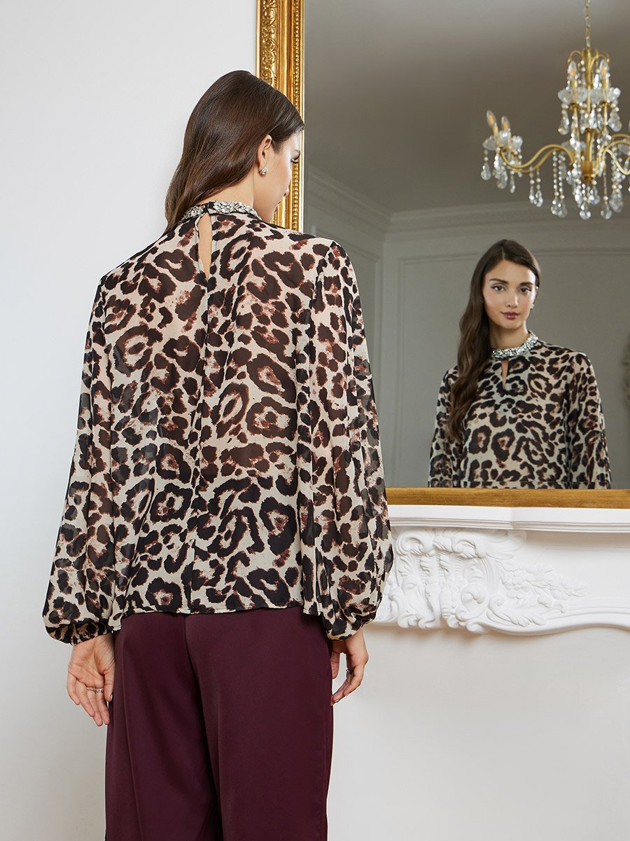 Women Brown Leopard Print Long Sleeve Blouse
