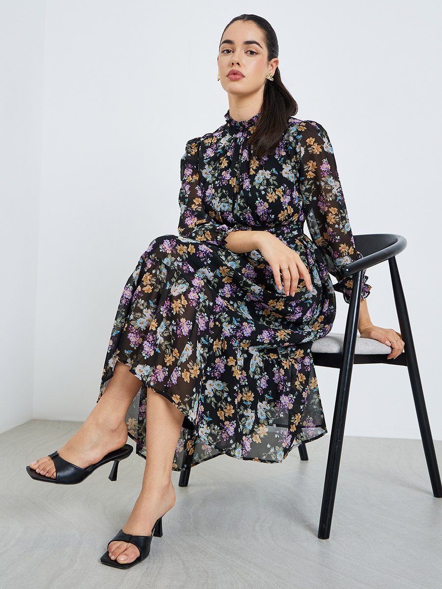 Women Black Floral Print A-Line Midi Dress