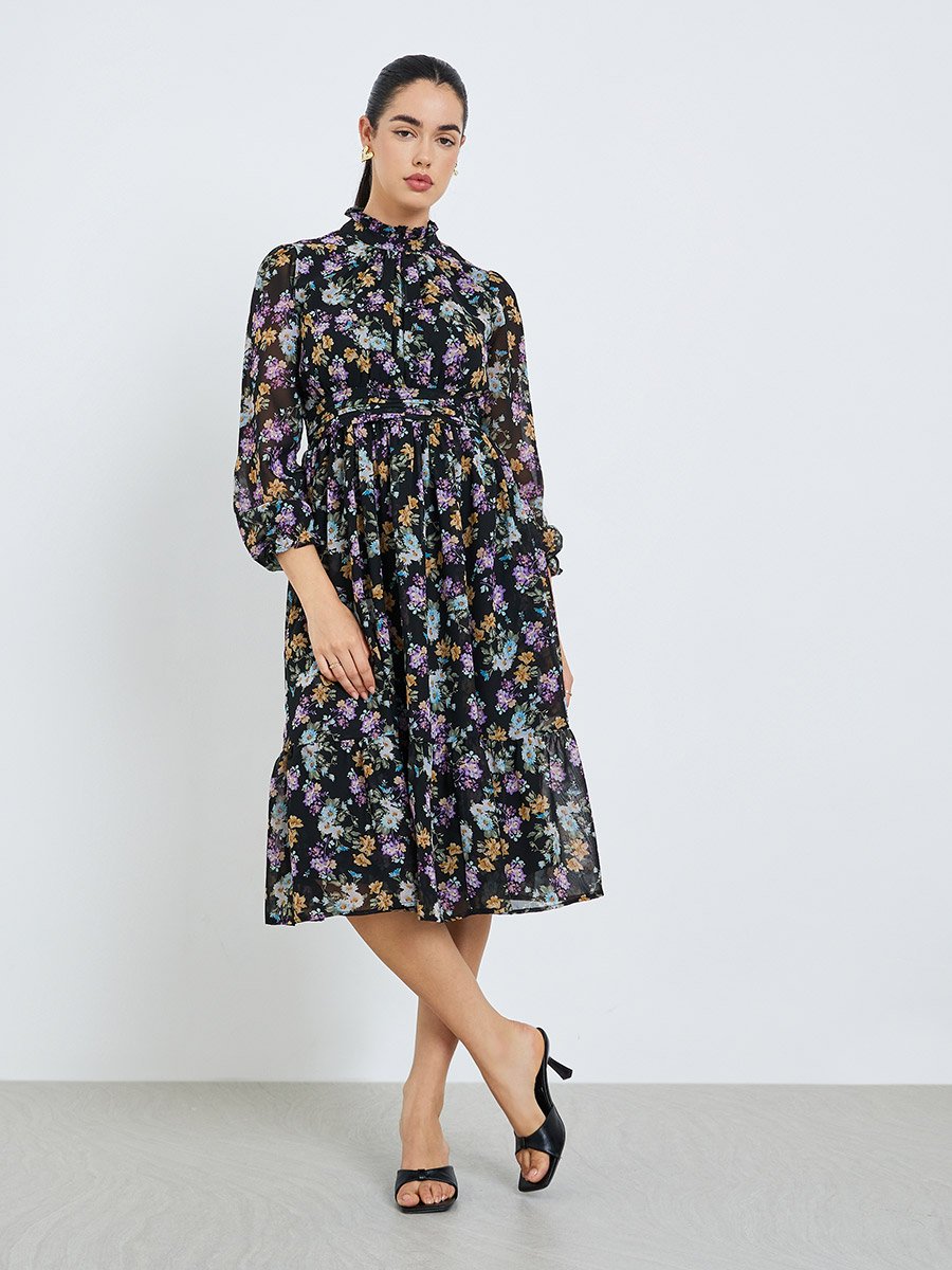 Women Black Floral Print A-Line Midi Dress