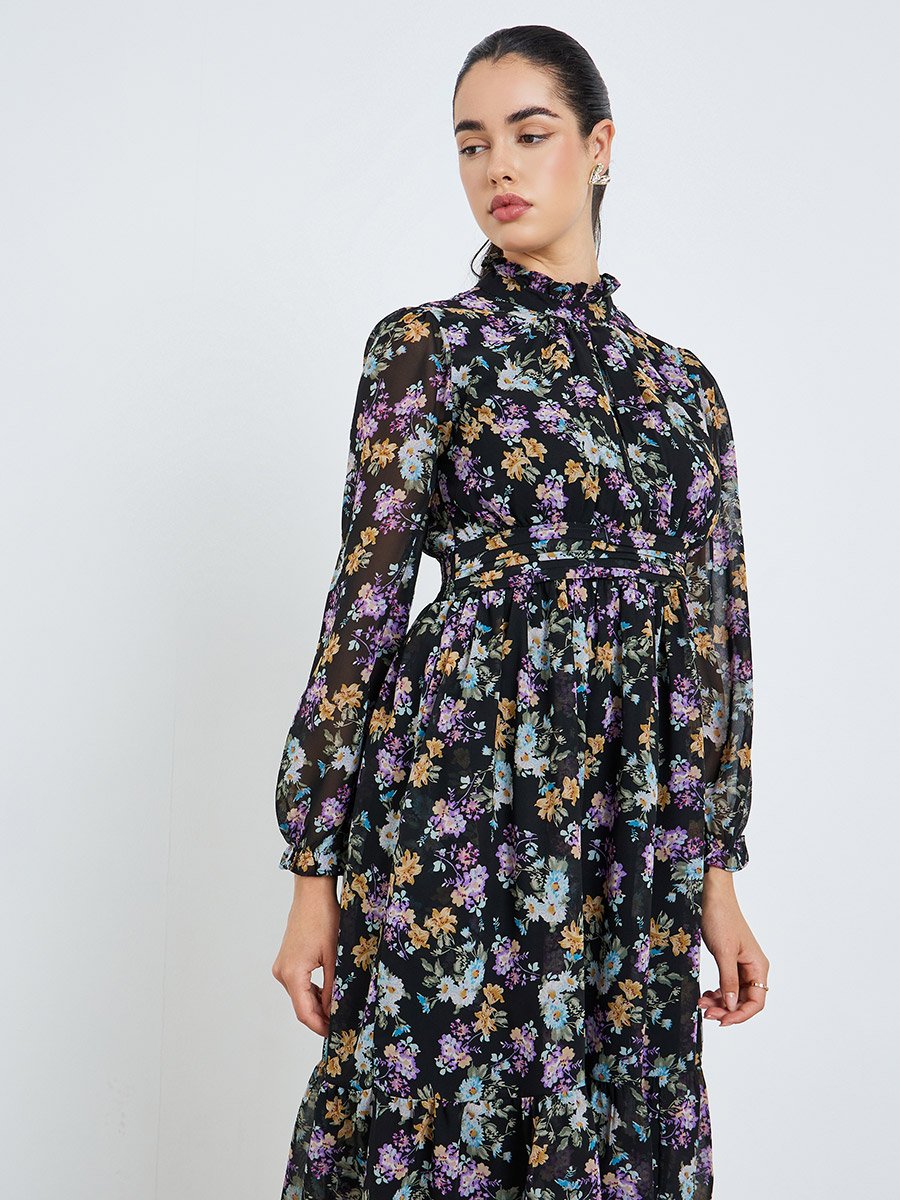 Women Black Floral Print A-Line Midi Dress