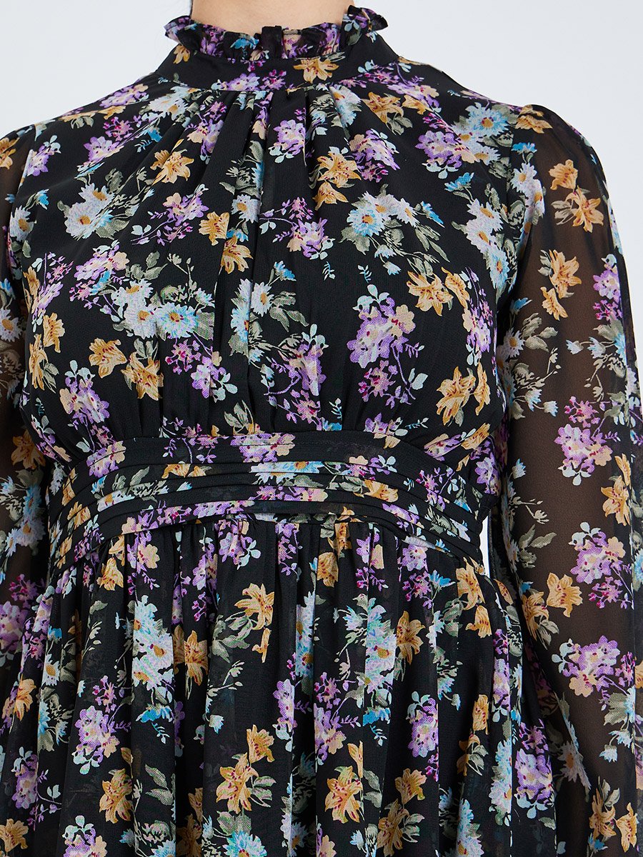 Women Black Floral Print A-Line Midi Dress