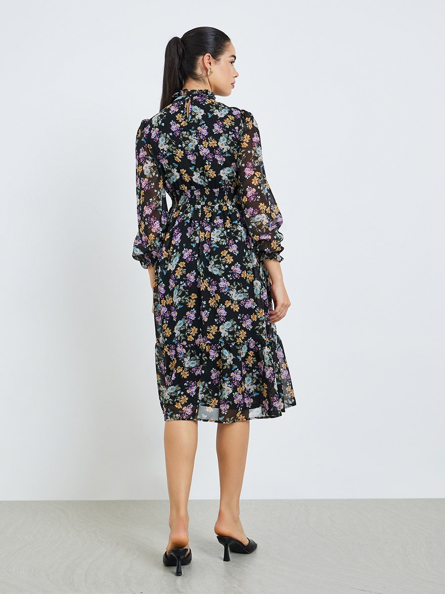 Women Black Floral Print A-Line Midi Dress