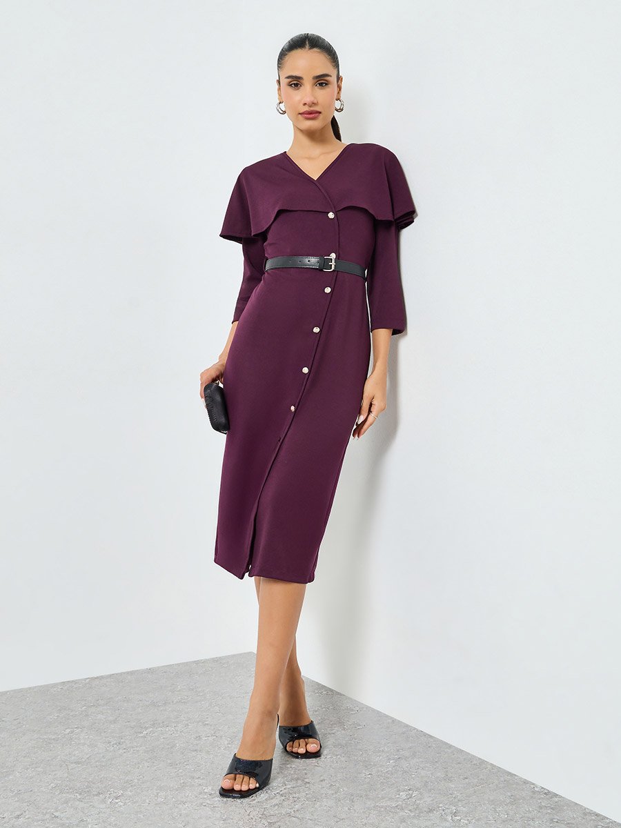 Burgundy A-Line Midi Dress with Cape Detail