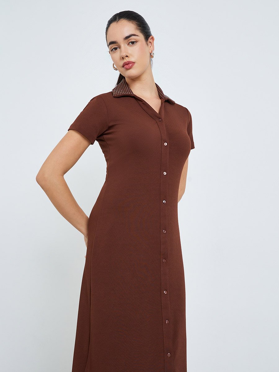 Women Studded Collar Shirt Maxi Dress