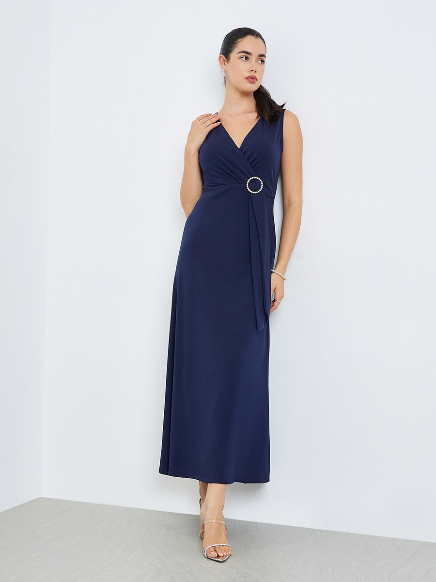 Solid Navy Blue Sleeveless Wrap Front Maxi Dress
