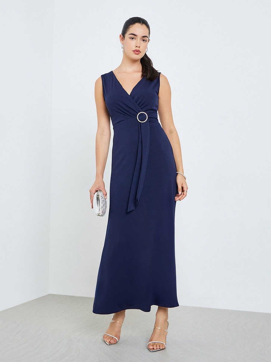 Solid Navy Blue Sleeveless Wrap Front Maxi Dress