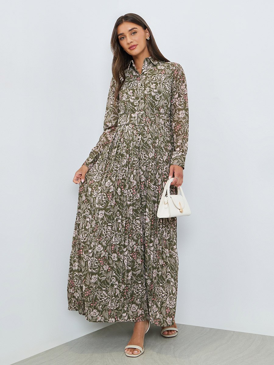 Green Pleated Maxi Dress with Belt