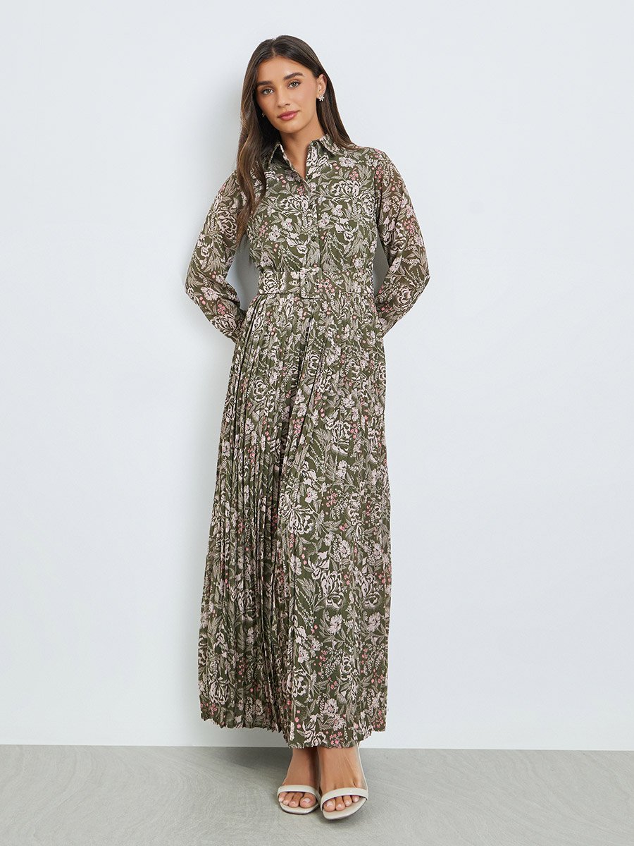 Green Pleated Maxi Dress with Belt