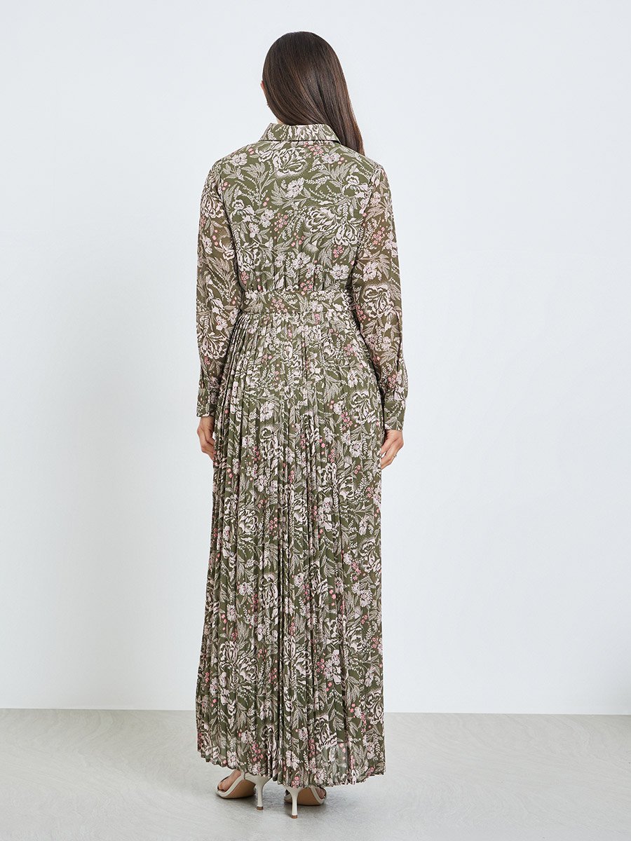 Green Pleated Maxi Dress with Belt