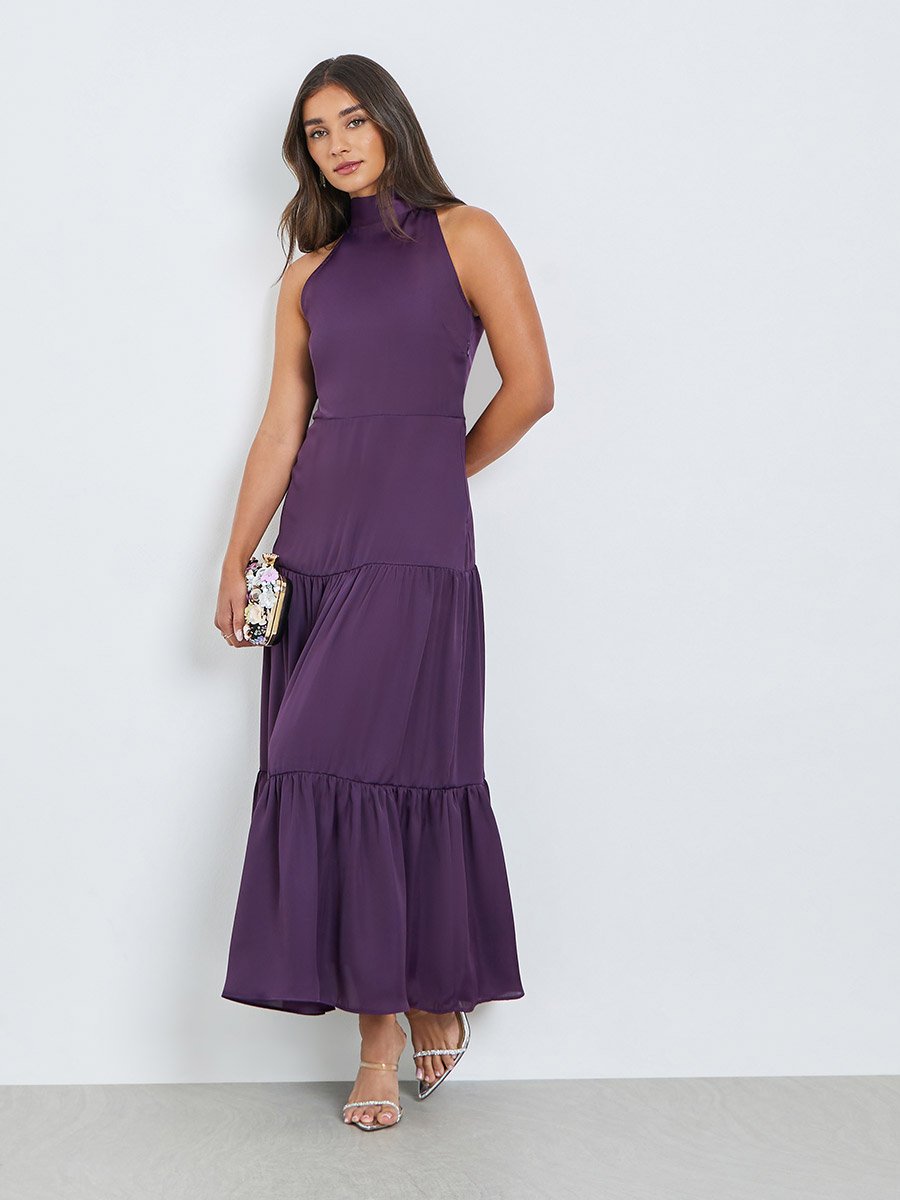 open lace back dress Milena Halter Mini Dress in Purple Floral