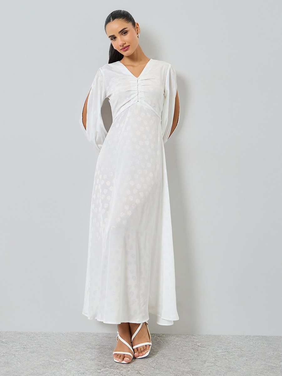Off-White Jacquard Slit Sleeve Maxi Dress