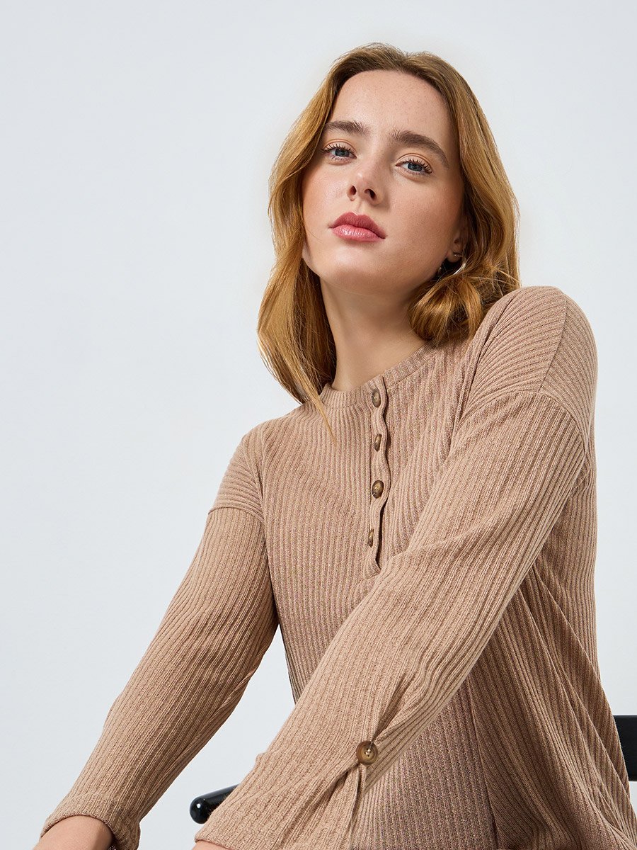 Women Beige Ribbed Knit Top with Button Detail