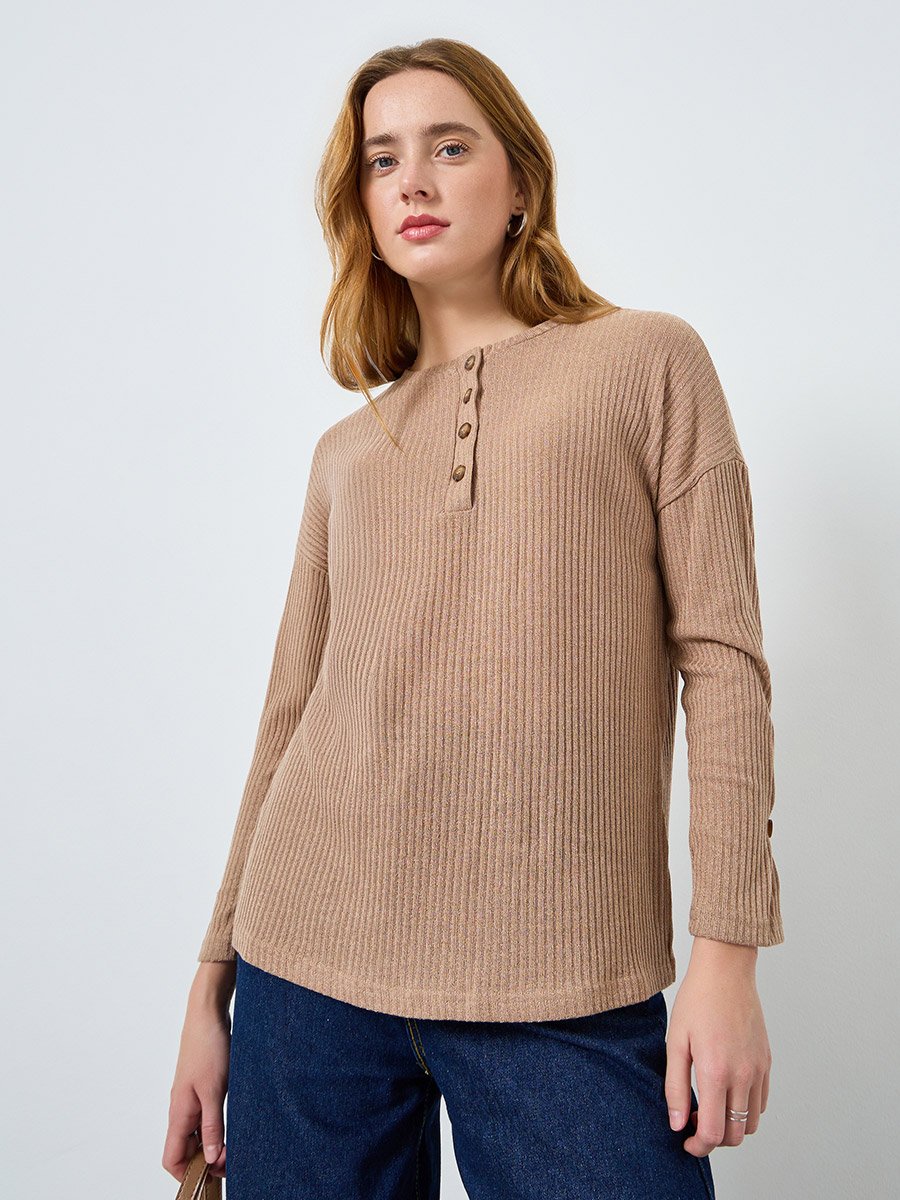 Women Beige Ribbed Knit Top with Button Detail
