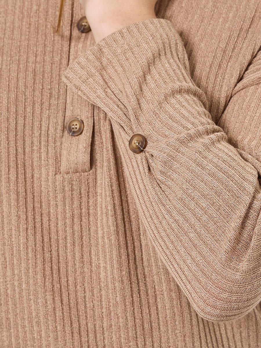 Women Beige Ribbed Knit Top with Button Detail