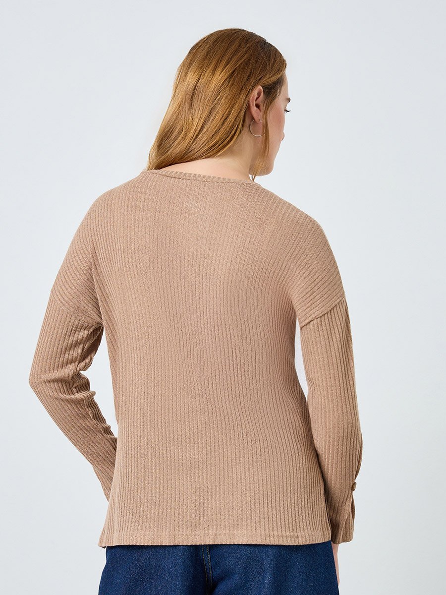 Women Beige Ribbed Knit Top with Button Detail