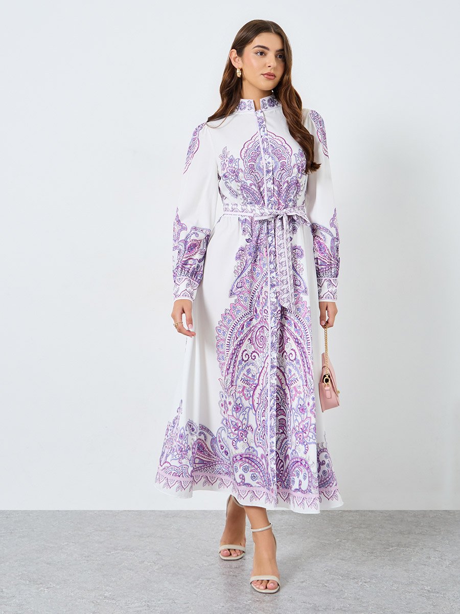 Floral Printed Stand-up Collar Belted Maxi Dress