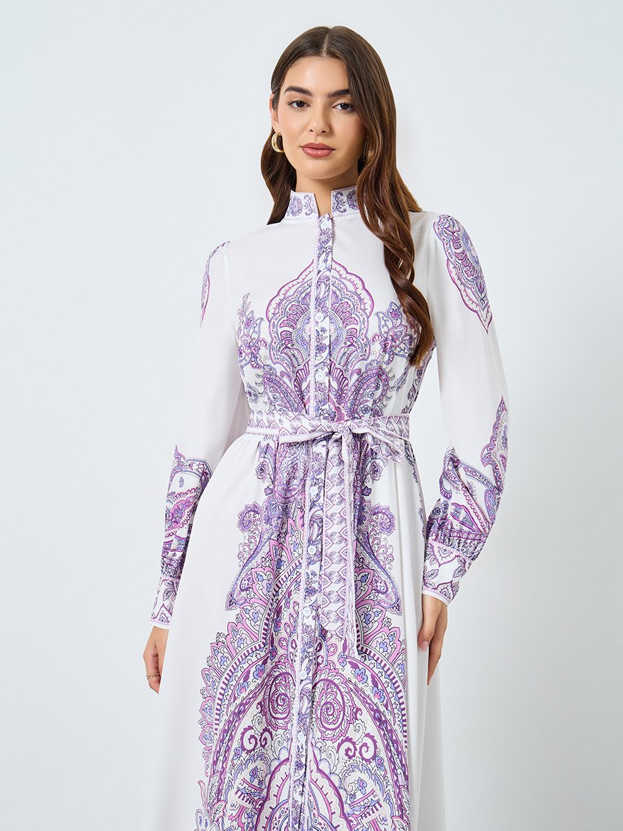 Floral Printed Stand-up Collar Belted Maxi Dress