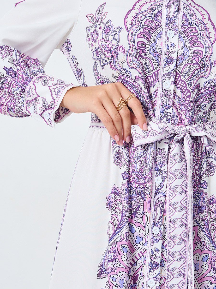 Floral Printed Stand-up Collar Belted Maxi Dress