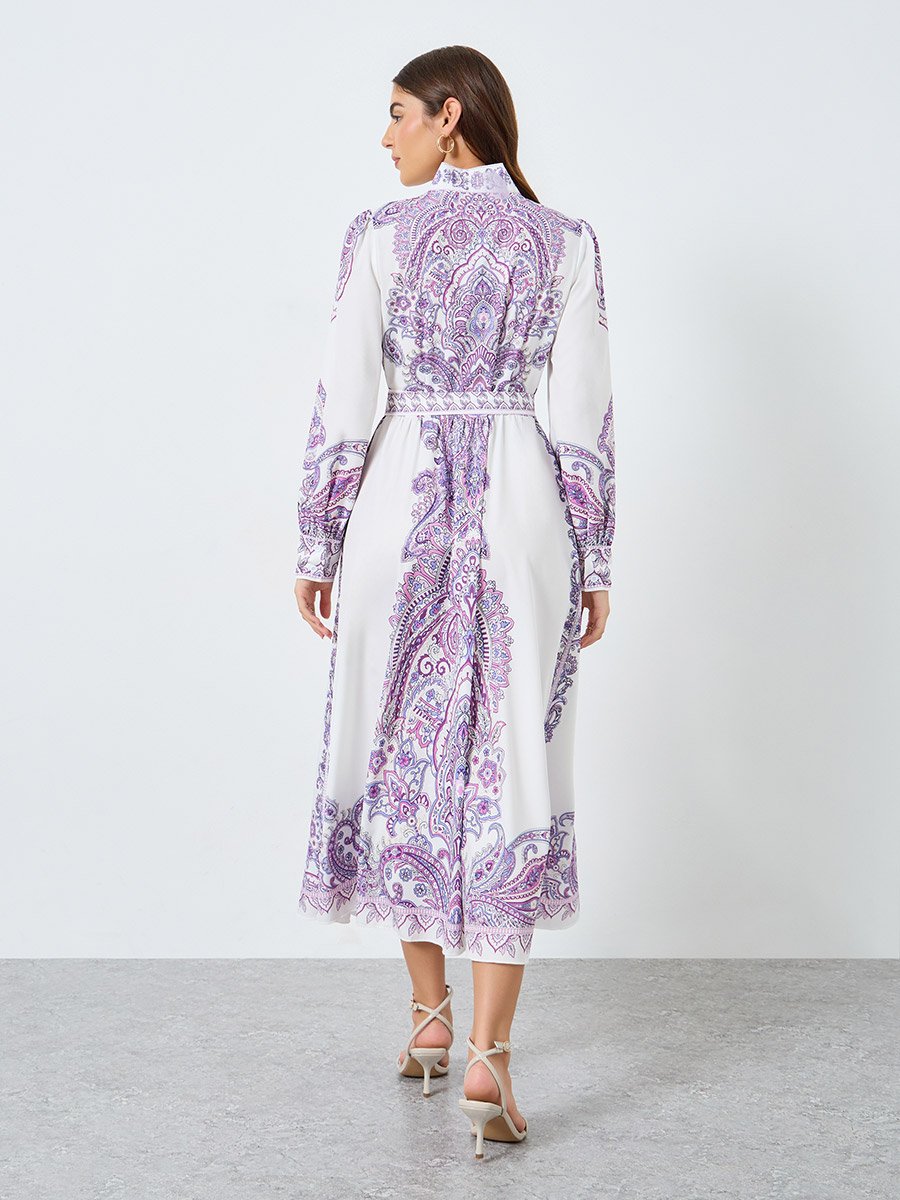 Floral Printed Stand-up Collar Belted Maxi Dress