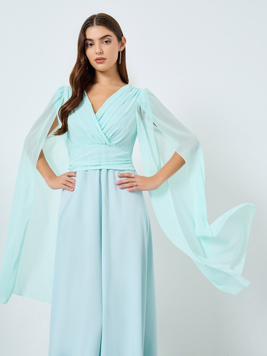 Teal Solid Pleated Cape Sleeve Maxi Dress