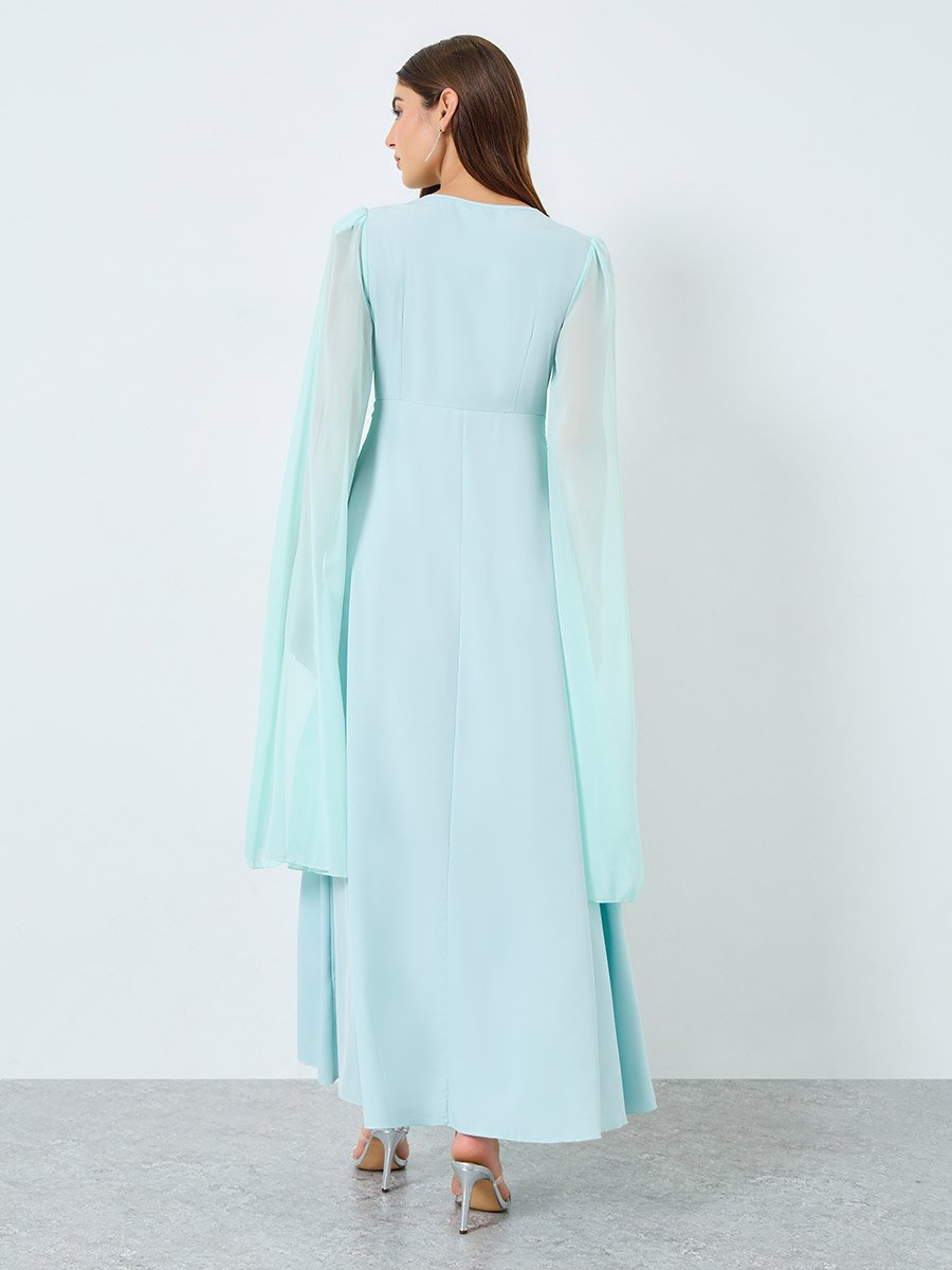 Teal Solid Pleated Cape Sleeve Maxi Dress