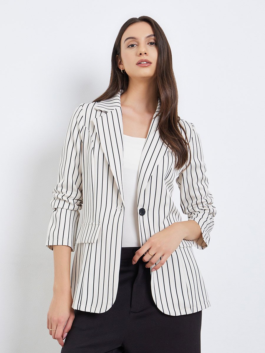 Women Striped Lapel Long Sleeve Blazer
