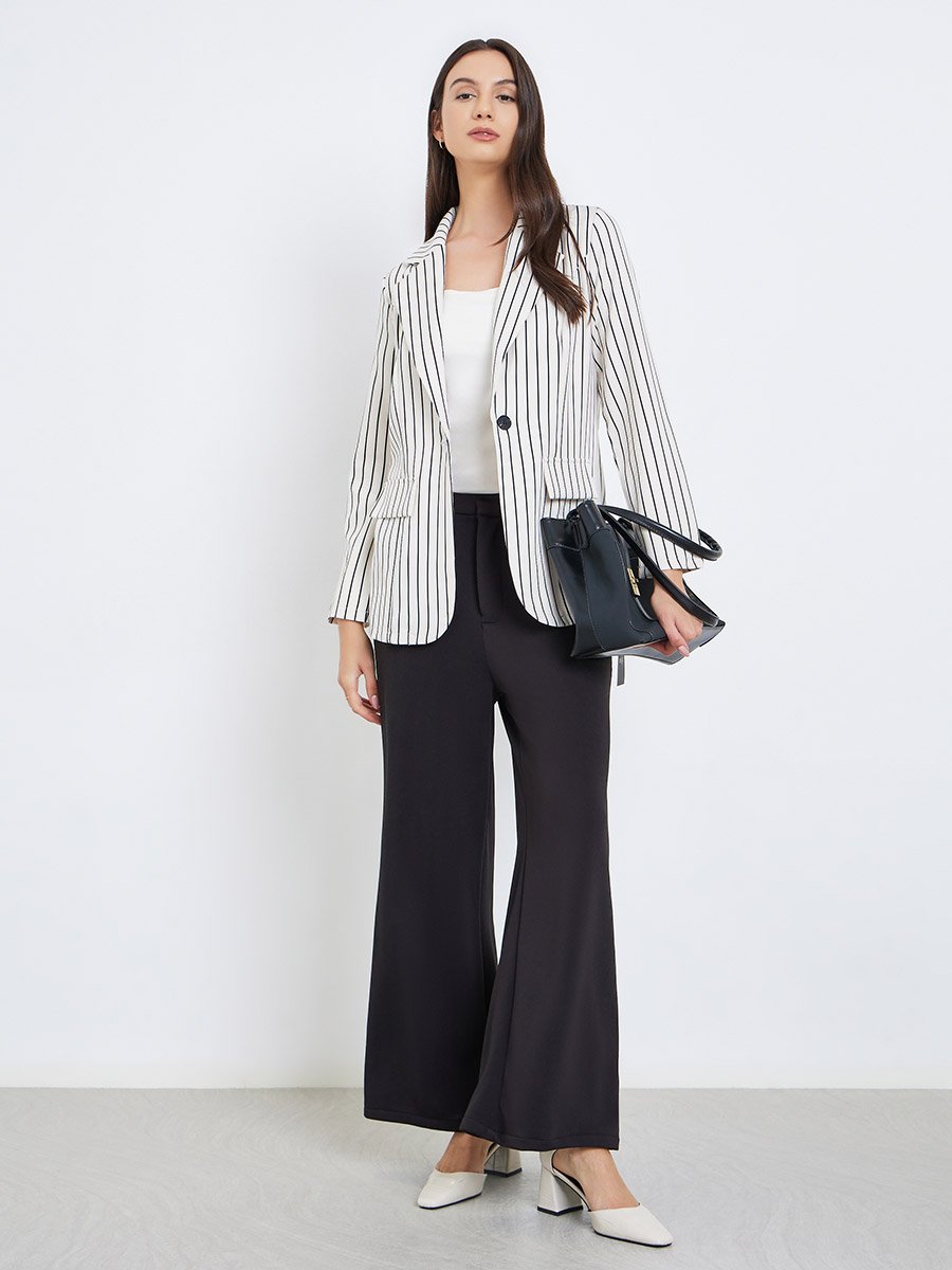 Women Striped Lapel Long Sleeve Blazer