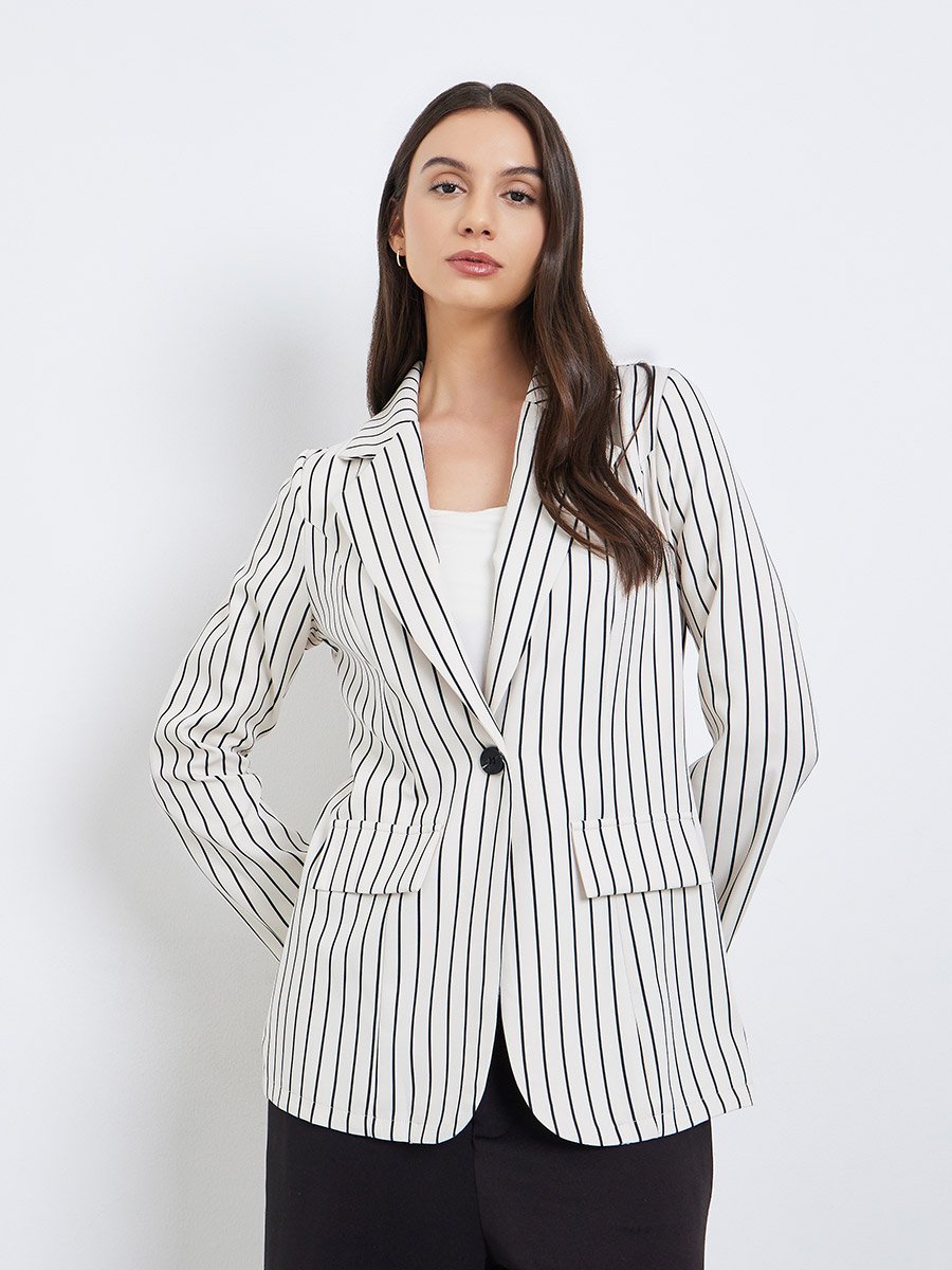 Women Striped Lapel Long Sleeve Blazer