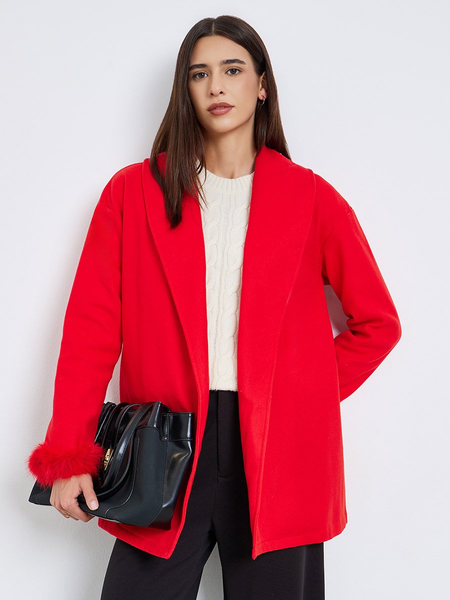 Red Longline Wrap Coat with Faux Fur Trim