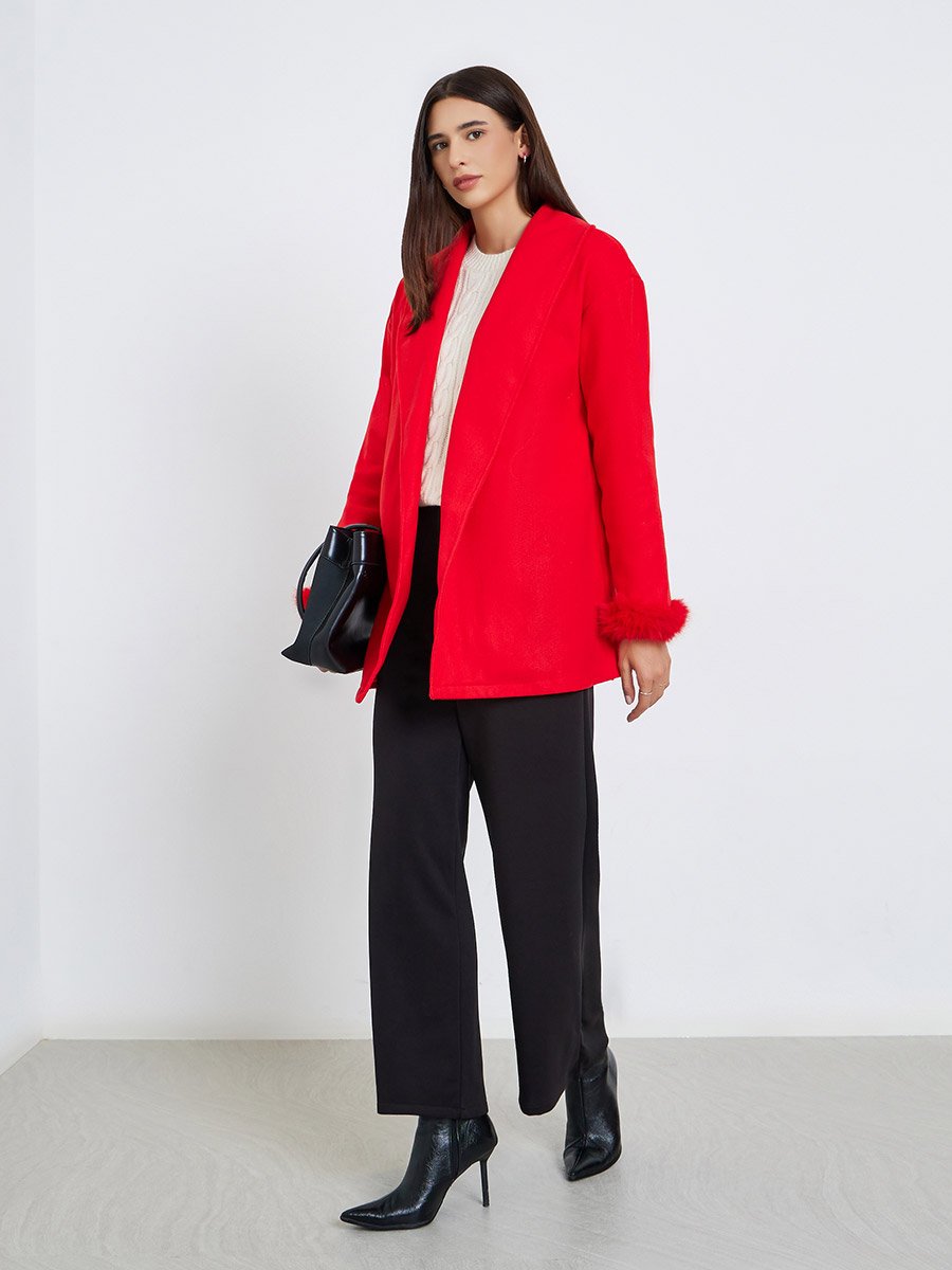 Red Longline Wrap Coat with Faux Fur Trim