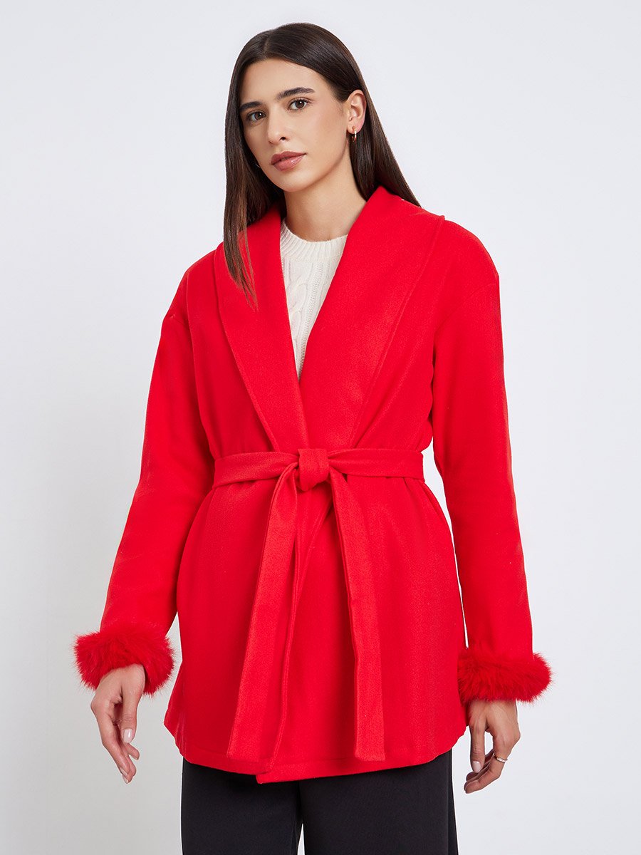 Red Longline Wrap Coat with Faux Fur Trim