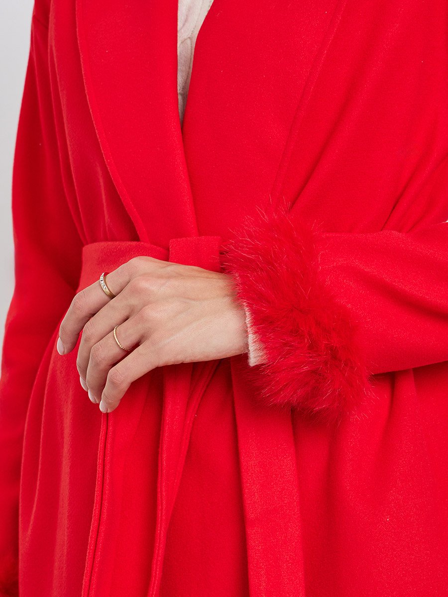 Red Longline Wrap Coat with Faux Fur Trim