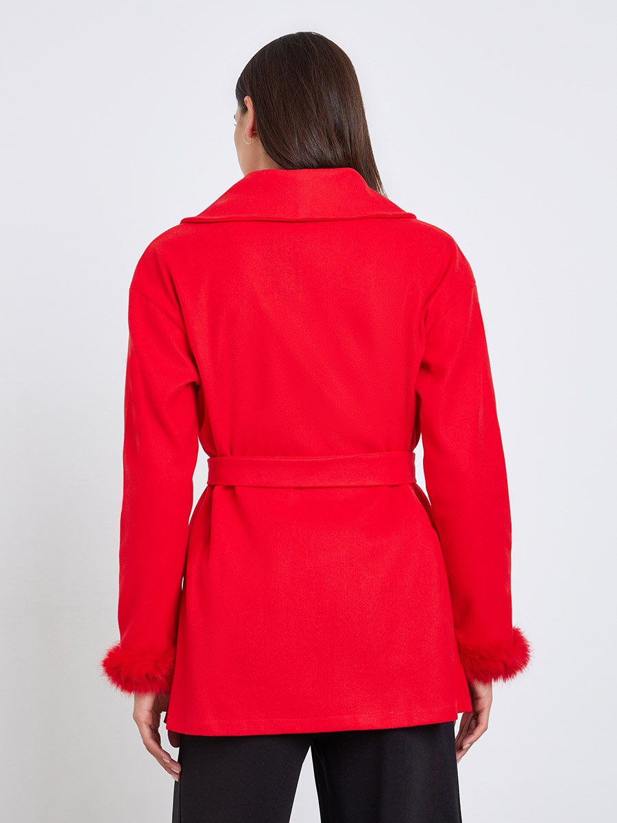 Red Longline Wrap Coat with Faux Fur Trim