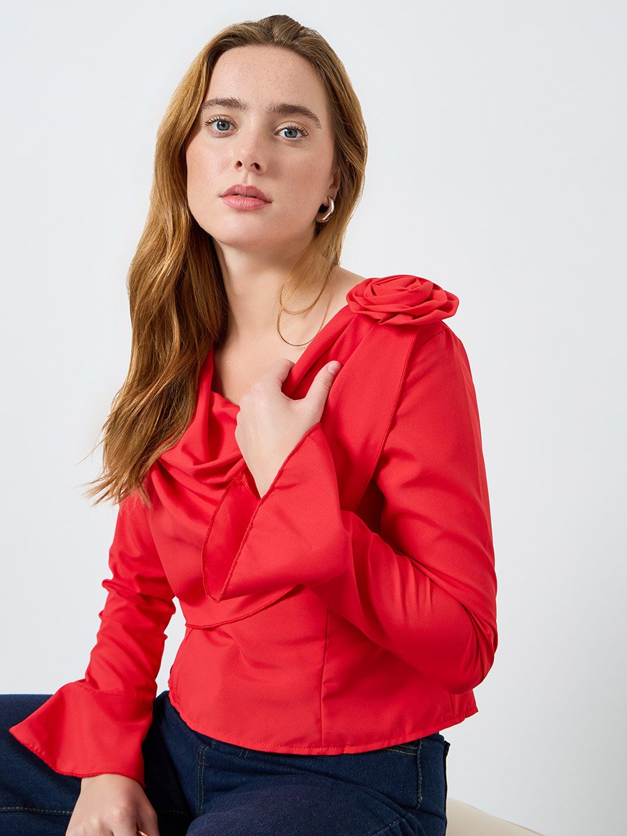 Women Solid Drapped Neck Flower Detail Top