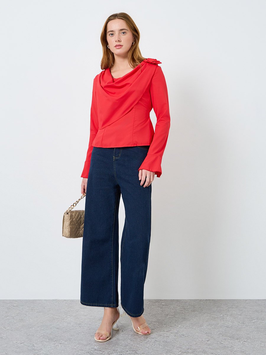 Women Solid Drapped Neck Flower Detail Top