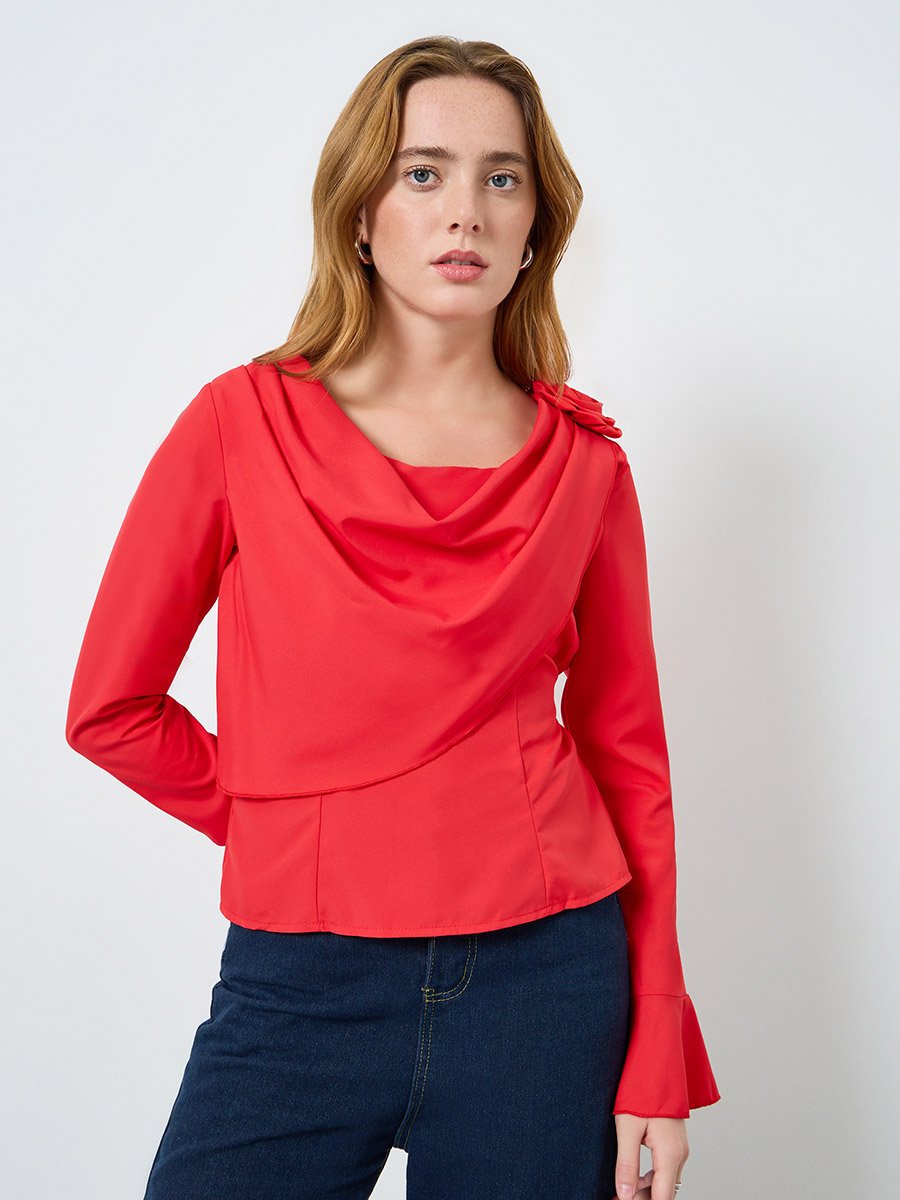 Women Solid Drapped Neck Flower Detail Top