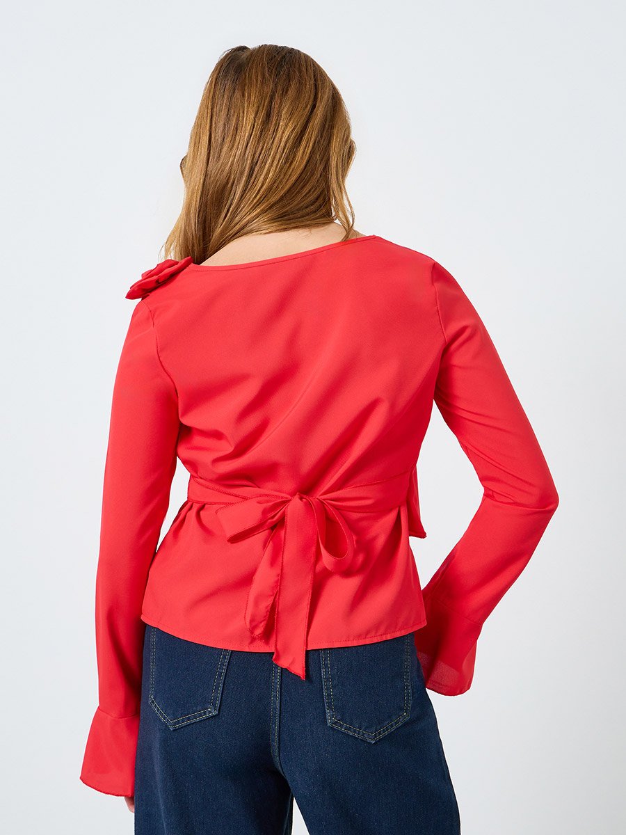 Women Solid Drapped Neck Flower Detail Top