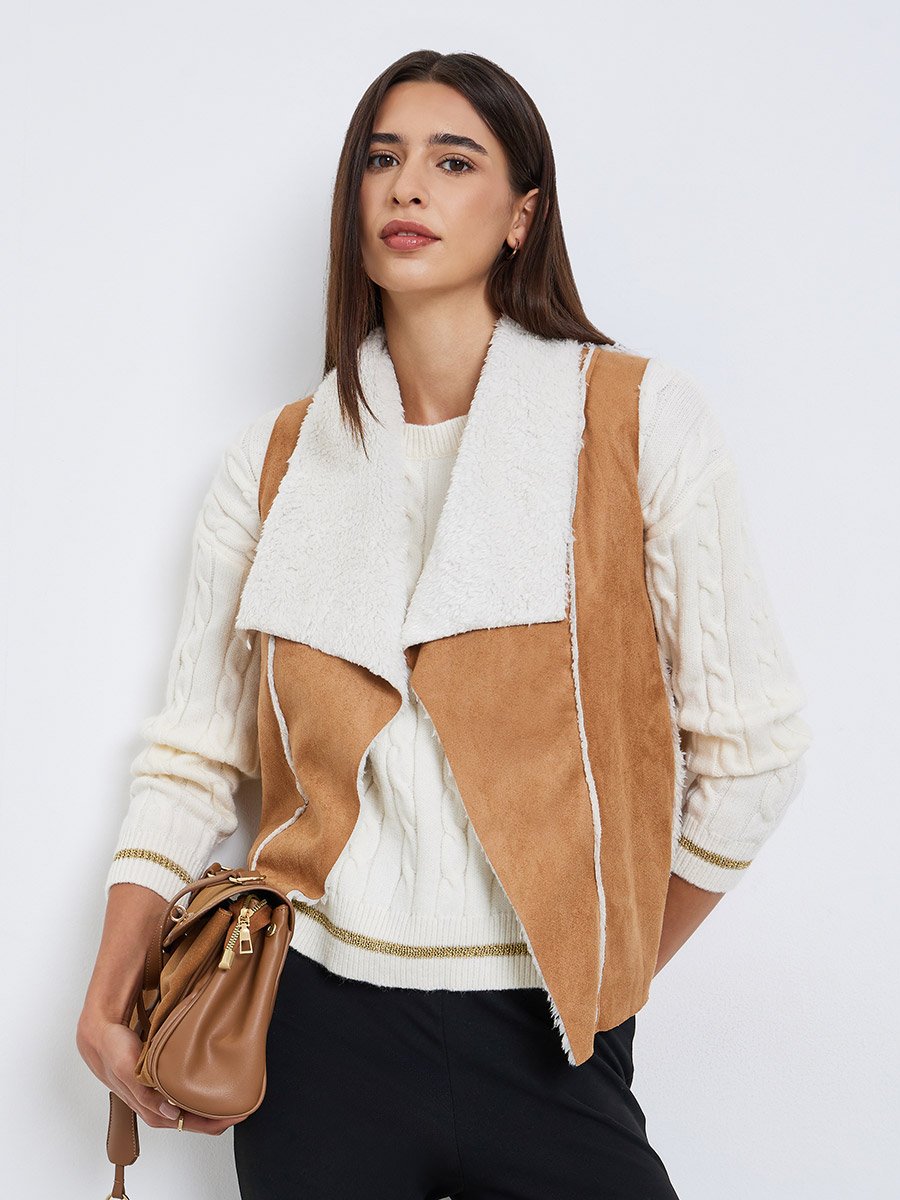 Suede Look Sleeveless Jacket with Inner Fleece