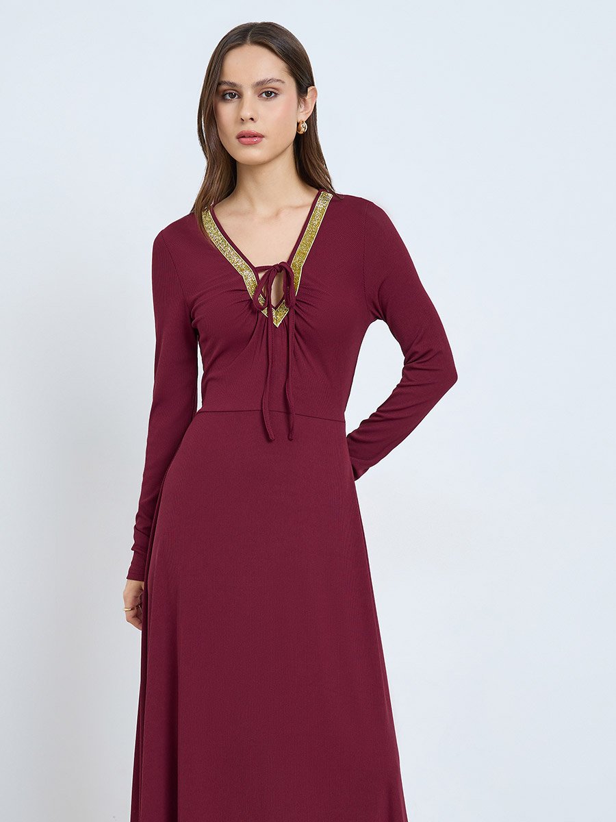 Burgundy Tie-Up Neck Ruffled Waist Maxi Dress