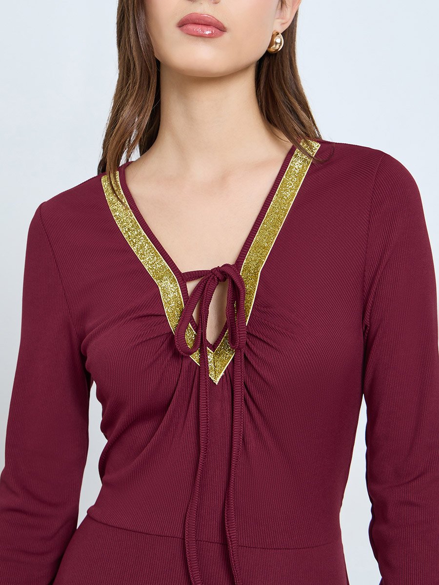 Burgundy Tie-Up Neck Ruffled Waist Maxi Dress