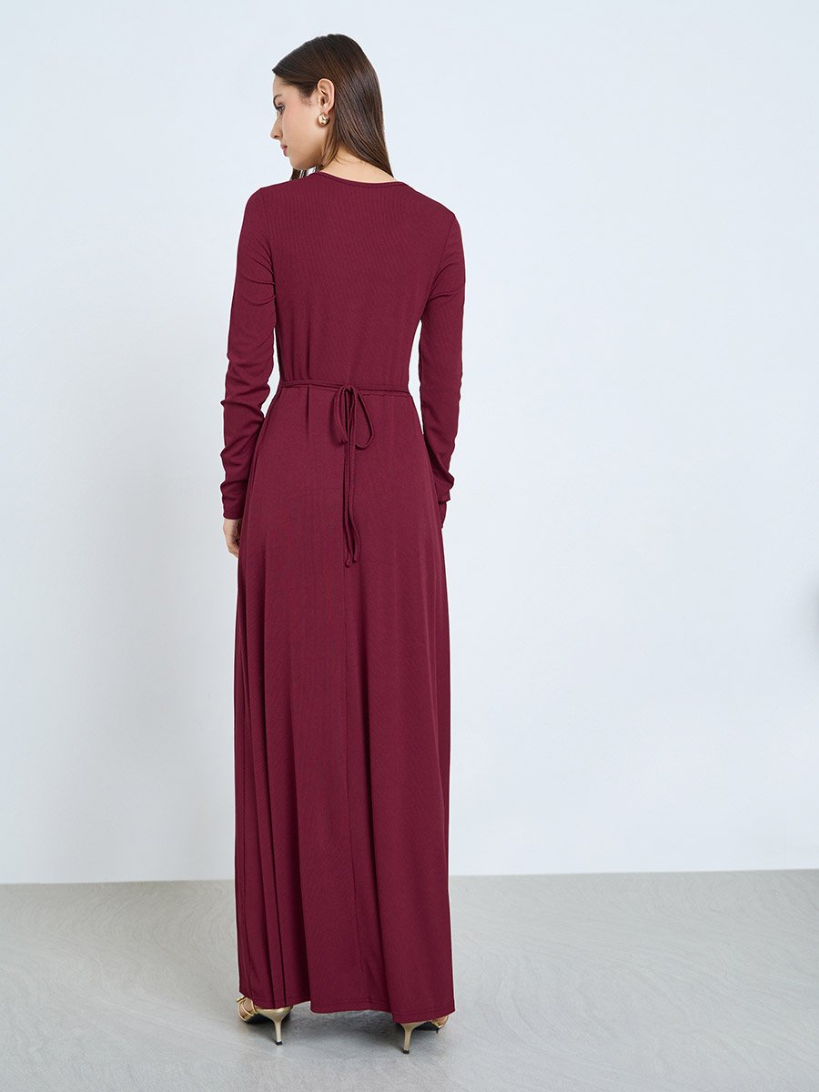 Burgundy Tie-Up Neck Ruffled Waist Maxi Dress
