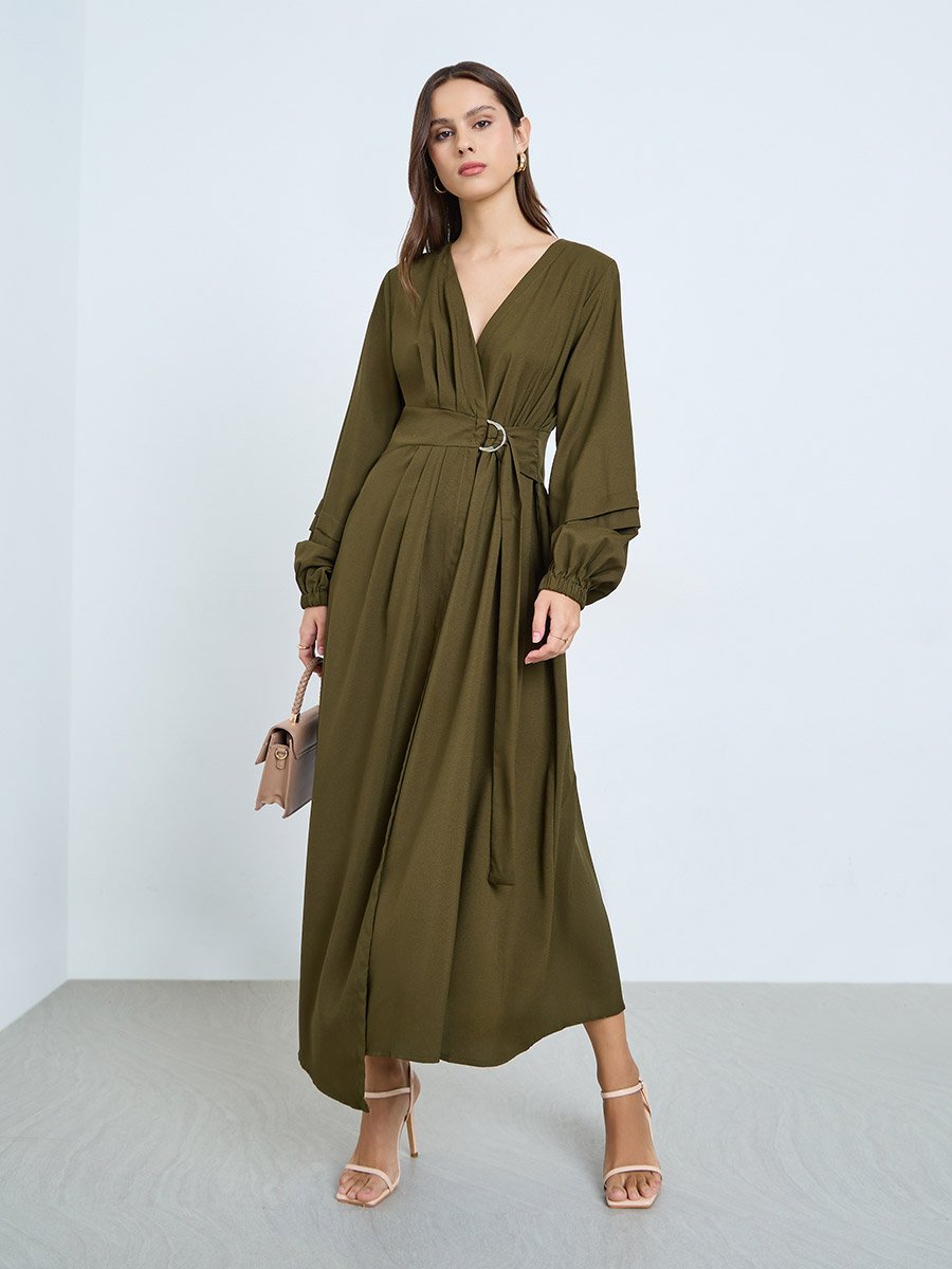 Khaki Belted Balloon Sleeve Maxi Dress