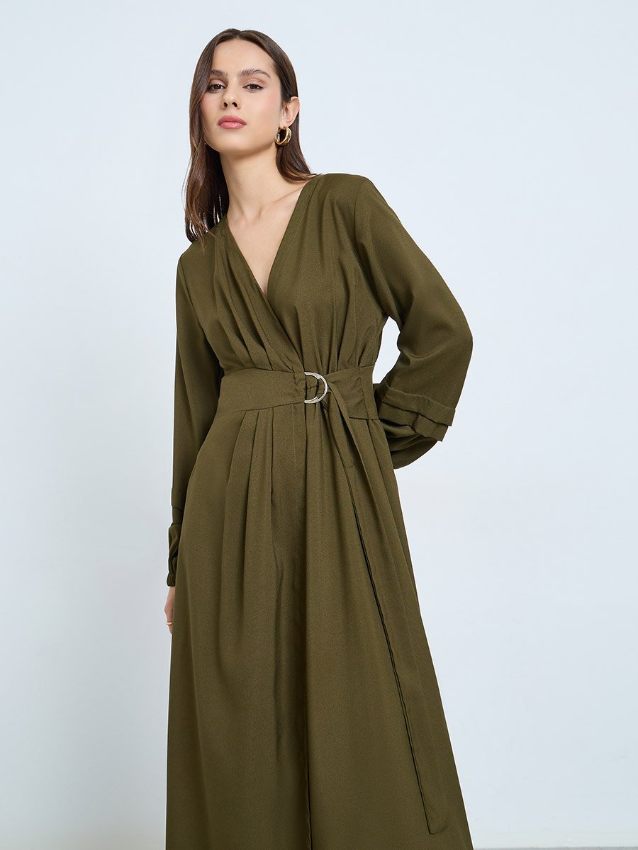 Khaki Belted Balloon Sleeve Maxi Dress