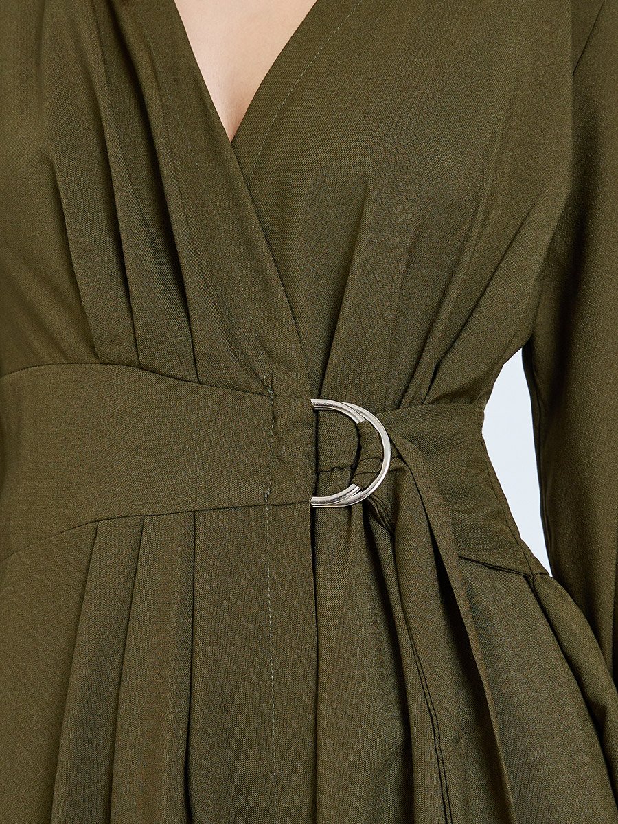 Khaki Belted Balloon Sleeve Maxi Dress
