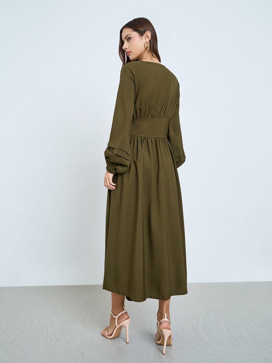 Khaki Belted Balloon Sleeve Maxi Dress