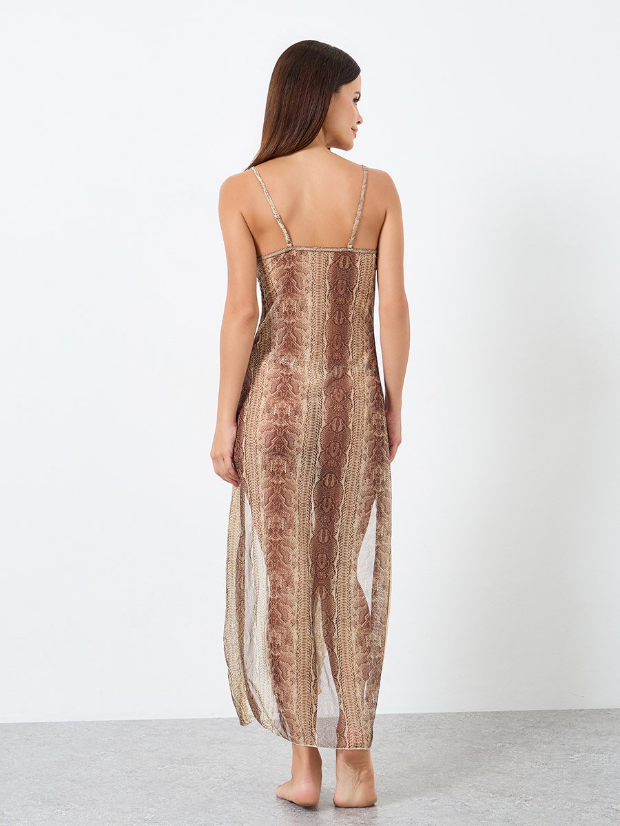 طقم فستان كامي شفاف بطبعة جرافيك وتفصيلة دانتيل مع سروال داخلي