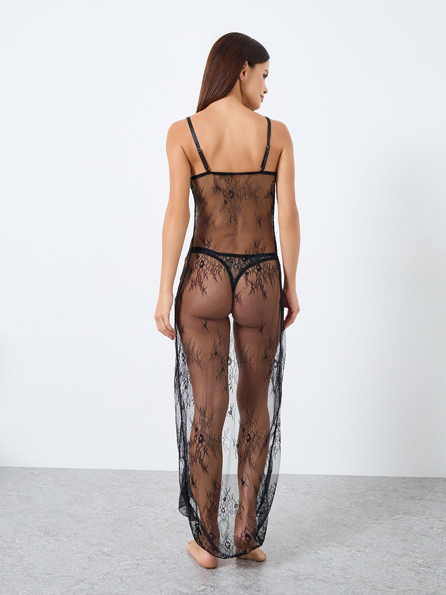Bow Detail Lace Wireless Split Cami Dress with Thong Set