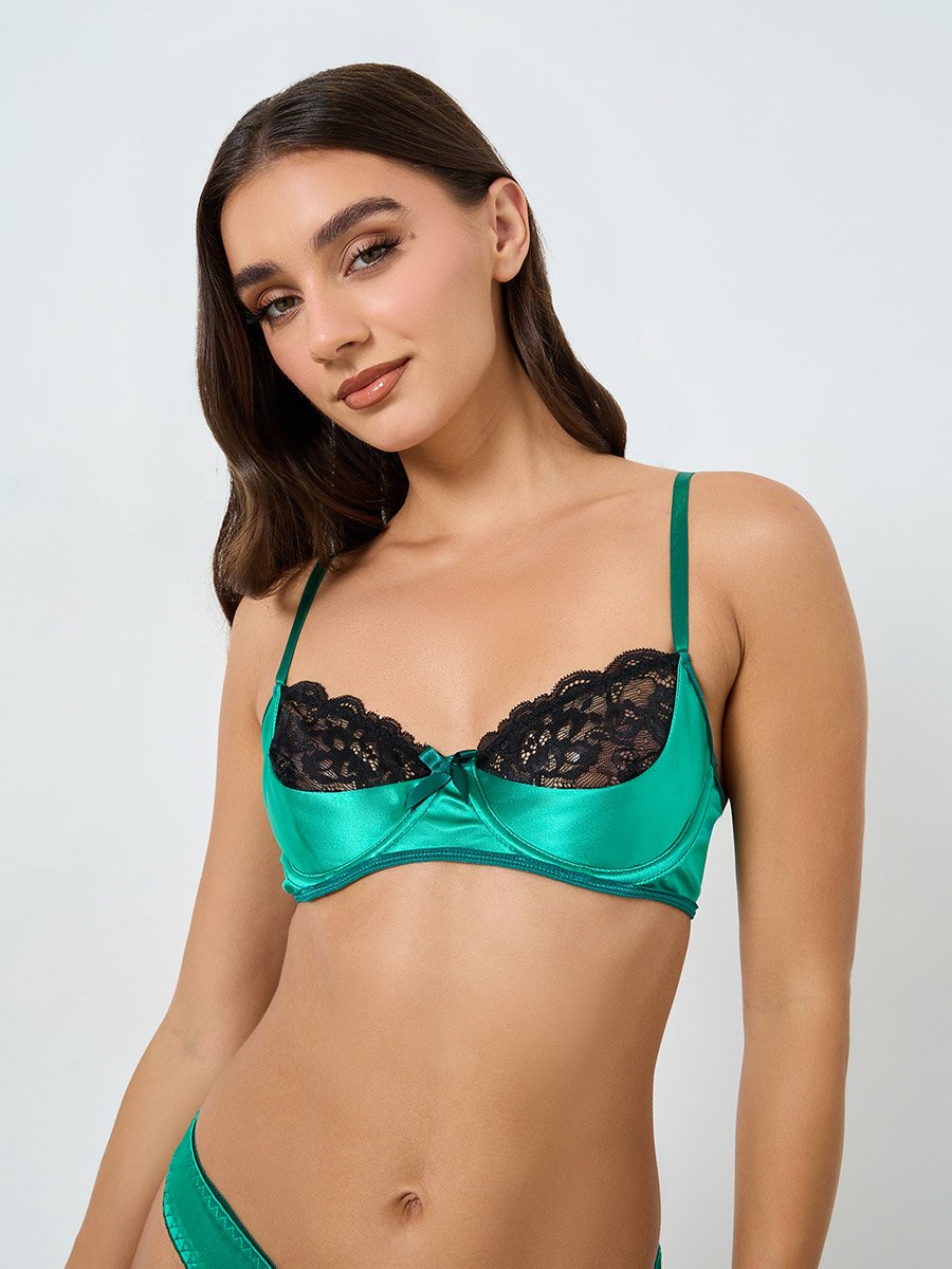 Contrast Lace Patchwork Non Padded Wired Bra with Brief Set